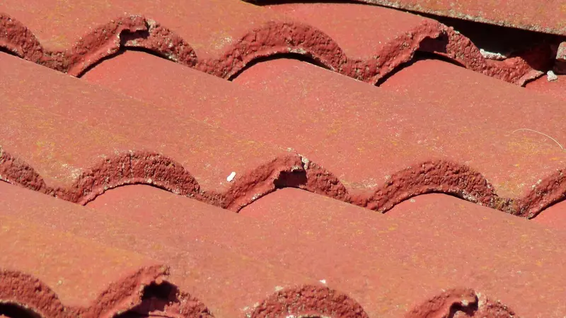 Rote Tonziegel auf einem Dach in Nahaufnahme